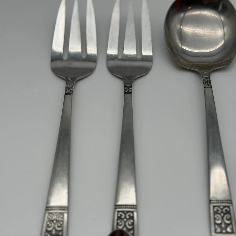 Vintage Japan Stainless Ornate Scroll Flatware & Serving Utensil Lot 13 Pieces